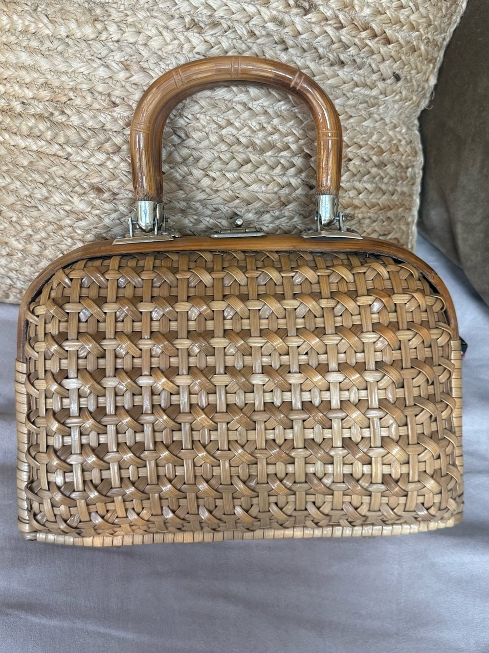 Vintage Woven Rattan Top-Handle Bag in Natural Tan